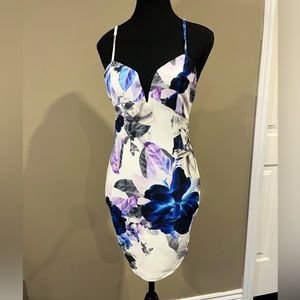 ANGEL BIBA white, blue and purple floral bodycon dress
